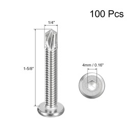 uxcell Hex Socket Self Tapping Screws, 1/4 x 1-5/8" 410 Stainless Steel Sheet Metal Flat Head Drilling Screw 100pcs, Silver
