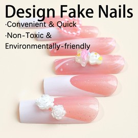 Long Square Press on Nails with Charm French Tip Fake Nails Full Cover Bow Heart Rhinestones False Nails with Designs Acrylic Nails Pink Glitter Stick on Nails Extra Long Artificial Nails for Women