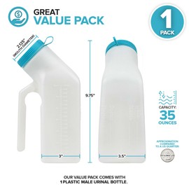 Male Urine Bottle (35 oz), Portable Urinals for Men Spill Proof Nighttime, Pee Bottles for Men with Screw-On Lid, Travel Urinals for Seniors with Easy-to-Read Measurement Lines