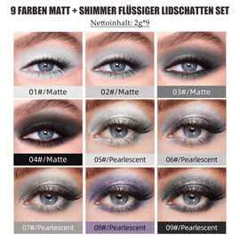 Smokey Glitter Eyeshadow, 9 Colours Liquid Eyeshadow Set with Metallic Matte Finish, Sweatproof & Waterproof Liquid Eyeshadow, Durable & Highly Pigmented Eye Makeup Set, Black, Grey, White
