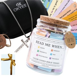 OKYEE Bible Verse Jar with Cross Necklace - 100 Waterproof Scripture Cards, Inspirational Christian Gifts for Women, Men, Mom - Hope & Faith Jar for Birthday, Baptism, Devotion - Includes Gift Box