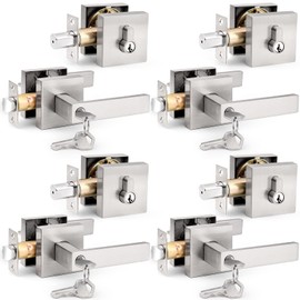 Probrico Square Keyed Entry Levers and Single Cylinder Deadbolts Combo Pack, Satin Nickel Heavy Duty Entrance Locksets for Office Bedroom and Front Door, 4 Pack Keyed Alike(All Same Keys)