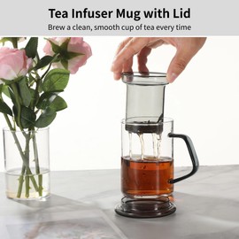 OMISTAR Tea Infuser Mug with Lid, 350 ml Glass Tea Cup with Infuser, Cold & Heat Resistant Glass Tea Cup with Handle, for Personal Tea Brewing at Office or Home
