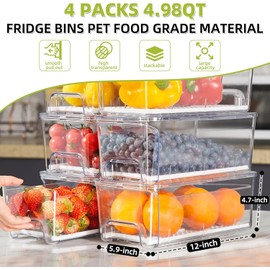 Brippo 4-Pack Refrigerator Drawer Organizer Bins, Clear Stackable Pull Out Fridge Organizers and Storage Container, Refrigerator Storage with Strainer Layer for Fruits, Vegetables and Drinks