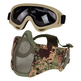 Yzpacc Airsoft Mask with Glasses, Foldable Half Face Airsoft Mesh Mask with Ear Protection for Paintball Shooting Cosplay CS Game (PG)
