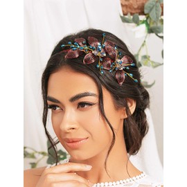 IYOU Women Wedding Headband Red Floral Headpiece Sparkly Rhinestone Bridal Hair Accessories for Bride Bridesmaid Guest