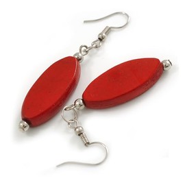 Red Leaf Shape Wood Drop Earrings - 60mm L