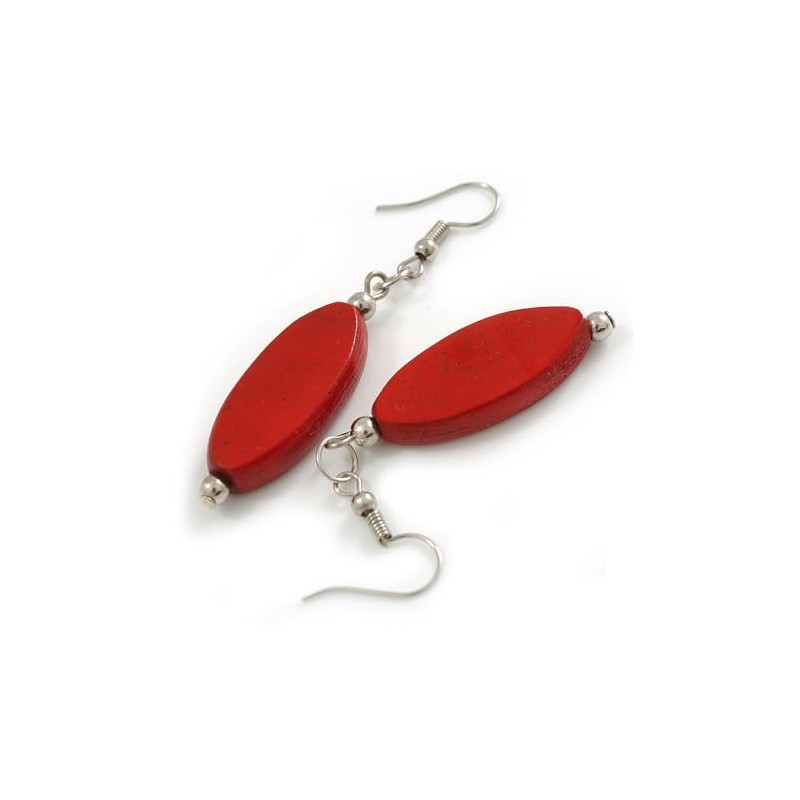 Red Leaf Shape Wood Drop Earrings - 60mm L
