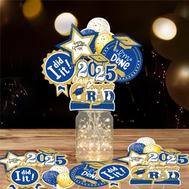 Graduation Decorations Class of 2025, 36 PCS Graduation Centerpieces Sticks with LED String Lights, Double Sided Grad Table Decorations, Grad Party Supplies for College High School, Blue and Gold