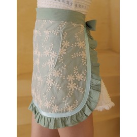 Caatoor Unisex Chef Aprons White Retro Cotton Maid Short 2 Pockets Waist Waiter Waitress Half Apron (Green-embroidered, One Size)