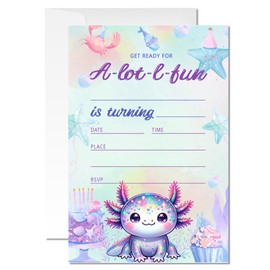 ZYQFN 20 Axolotl Birthday Party Invitations, Pink Axolotls Theme Invite Cards with Envelopes, 4x6 Inch Fun Birthday Invites for Girls and Boys. (078)