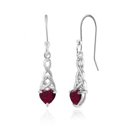 Sterling Silver Created Ruby 6x6mm Dainty Heart Celtic Knot Dangle Earrings