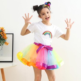 aoozleny Girls Layered Tulle Tutu Rainbow Princess Pompadour Ballet Dress Kid Hairbow Tutu Skirts Send Bow Tiara, 4-9 Years (CA/US, Alpha, Large, Regular, Rainbow)