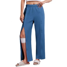 Deyeek Post Surgery Pants for Women Snap On Tear Away Pants After Knee Hip Surgery Adaptive Open Leg Surgical Sweatpants Heather Blue