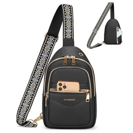 RAINSMORE Bolsa Crossbody Mujer Impermeable Sling Bolsa Pequeña PU Riñonera Bolso Bandolera Mujer Mochila Cruzada con 4 Bolsillos con Cremallera,Negro