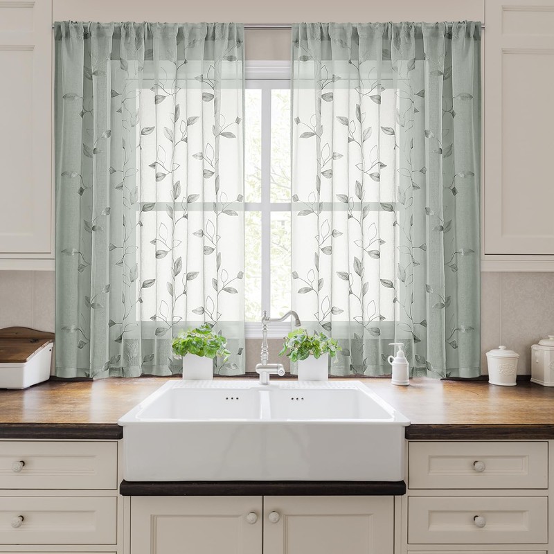HOMEIDEAS Sage Green Sheer Curtains 52 x 54 Inch Length