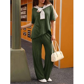 Tankaneo Women's 2 Piece Travel Outfits Casual Short Sleeve Knit Sweater Set Wide Leg Pants Lounge Sets Tracksuit
