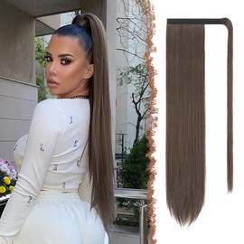 FESHFEN Long Straight Ponytail Extensions Wrap Around Clip in Synthetic Ponytails Hair Piece Pony Tails Extensions Hairpieces for Women 24 Inch Light Brown