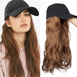 SEGO Baseball Cap with Hair Extensions for Women Heat Resistant Synthetic 16'' Adjustable Long Wavy Hairpiece Replacement Wigs in Hat for Girls