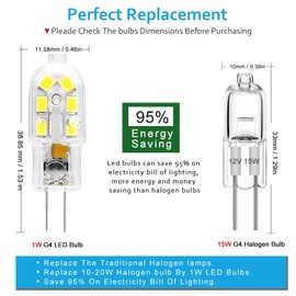 DIILSWX G4 Led Bulb 12V 1W : No Flicker JC Bi-Pin Base Light Bulbs with No Dimmable T3 Halogen Bulb Replacement for Caravans & Cabinets & Chandeliers (10 pcs 6000K White)
