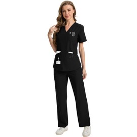 CaiDieNu Medical Scrubs for Women Set: Stretch Uniform Nursing Scrub Set V-Neck Top & Straight Leg Cargo Pants with 13 Pockets Black Medium
