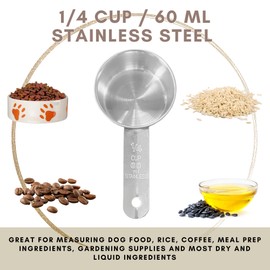 1/4 Cup Stainless Steel Measuring Cup | Sturdy Metal 60 ml | 60 cc | 2 oz | Single Cup for Wet and Dry Ingredients | Great for use as 1/4 Cup Dog Food Scoop - 1 PK