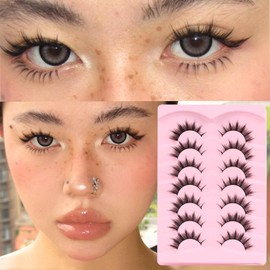 Veleasha Lashes Kit Manga Eyelashes Cat Eye Lashes Spiky Eyelash C Curl with Lash Glue & Tweezers Lash Wispy Natural Look False Eyelashes with Soft Cotton Band 7 Pairs Pack (Sunny Kit)