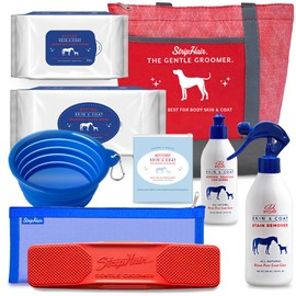 StripHair DOG Grooming Kit 8-piece: The Gentle Groomer 6-in-1 Shed Groom Massage Brush & Pouch, 2 Packs Bamboo Wipes, 2 Coat Cleaners, Tote Bag