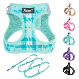 PUPTECK Dog Harness and Leash Set for Small Medium Dogs No Pull Step-in Soft Mesh Puppy Cat Vest Harnesses Reflective at Night, Plaid Pattern Green S