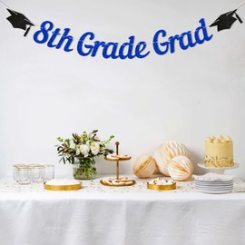8th Grade Grad Banner - Blue Glitter 8th Grade Graduation Decorations for Boys, Kids 8th Grade Graduation Party Decoration Supplies（Blue）