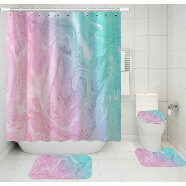 YUAOEUR Mixed Colorful Marble Shower Curtain Set 4 Pieces Flowing Liquid Abstract Colorful Gray Green Blue White Pink Design Bathroom Decor Modern Luxury Fabric 3D Curtain with Rugs