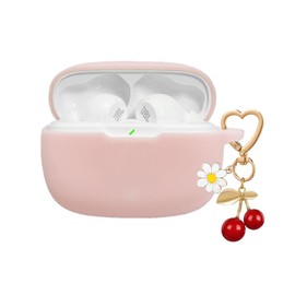 QIMZBAAT for JBL Vibe Beam 2 / JBL Vibe Beam Case Cover with Cute Cherry Daisy Flower Charm Keychain,Soft Silicone Protective Shock Cover for JBL Vibe 200TWS Wireless Headphones Charging Case Pink