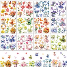 gisgfim 12 Sheets Rub on Transfers for Crafts and Furniture Fairy Rub on Transfers Stickers Fairy Flower Rub on Decals Decor for Christmas Home Office Paper Wood DIY Craft, 5.9 x 5.9 Inch