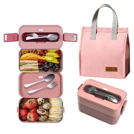 Resszo Bento Lunch Box 1600 ml with Cutlery and Thermos Bag, Children's Lunch Box with Compartments, 2-Layer Lunch Box, Adult Lunch Box for School, Work, Picnic (Pink)