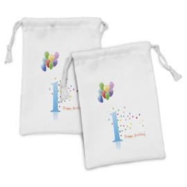 Ambesonne 1st Birthday Fabric Pouch Set of 2, Party Theme with Abstract and Colorful Stars and Balloons Art, Small Drawstring Bag for Toiletries Masks and Favors, 9" x 6", Multicolor