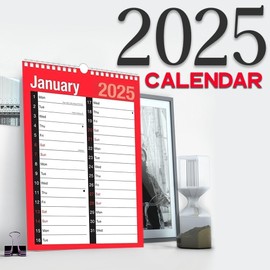 2025 Calendar A4 Large Month to View Spiral Bound Wall Planner Red and Black Calendar for Home Business Office School 1 January 2025 to 31 December 2025