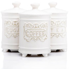 25DOL 35 Ounce Elegant Ceramic Kitchen Canisters Set of 3 - Beautifully Engraved Coffee Tea Sugar Storage Containers Airtight with Feet for Added Style and Stability - Ceramic Jar with Airtight Lid