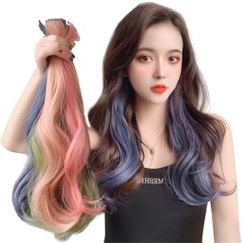 One-touch extension, colorful extensions, 2 long wigs, curls, gradation color, hair arrangement, hair accessories, hair extensions, colorful extensions, wigs, one touch, clip, easy installation, cosplay, heat resistant, party, fashion (blue ash)