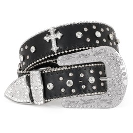 Women Men Rhinestone Belt,Fashion Western Cowgirl Cowboy Bling Studded Cross Leather Belt Diamond Belt for Jeans Dress,Black,XL