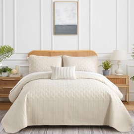 Beige Quilt Set King Size Lightweight Bedspread Ultrasonic Wave Pattern Soft Microfiber Coverlet for All Season Modern Style 3 Piece Bed Cover Sets with 2 Pillow Shams (106"x96")