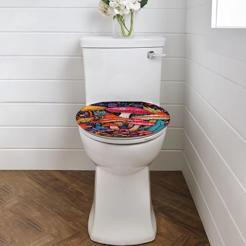 Bivxisrvo Cartoon Mushroom Print Toilet Cover Seat Polyester Fabric Toilet