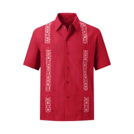 Mens Snap Shirts Casual Guayabera Shirts Short Sleeve(Red,S)