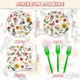48Pcs Vintage Wildflower Party Supplies for 16 Guests - Disposable Tableware Party Plates and Napkins Forks for Wildflower Themed Spring Summer Birthday Party Decorations