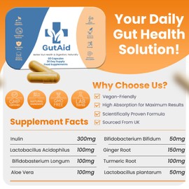 Gut Aid Probiotics for Gut Health - Bio Cultures Complex Prebiotics for Bloating Relief & Immune Support | 67.5 Billion CFUs Vegan Gut Health Supplements to Support Microbiome and Digestion