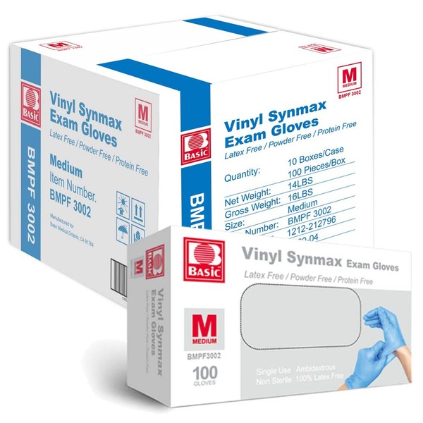 Basic Medical Synmax Vinyl Exam Gloves - Latex-Free & Powder-Free - Medium, BMPF-3002(Case of 1,000) Blue
