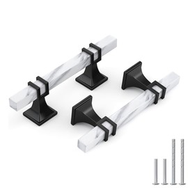 Haliwu 10 Pack White Marble Grain Cabinet Pulls, 3 inch Black Kitchen Handles, 2 Tone Solid Square Dresser and Drawer Hardware