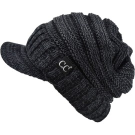 C.C Trendy Warm Oversized Chunky Soft Oversized Ribbed Slouchy Knit Hat with Visor Brim (Black/Charcoal)