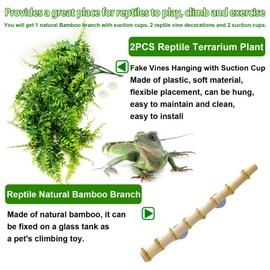 kathson Reptile Corner Branch Climbing Bamboo & Hanging Fake Plants,1 Reptile Branches & 2 Terrarium Plant, Bearded Dragons Tank Decor for Amphibians, Lizards, Geckos, Snakes, Hermit Crab, Frogs