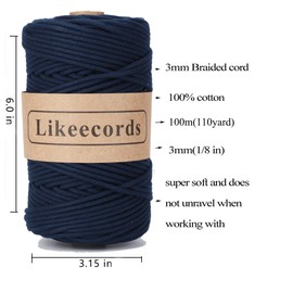 Likeecords 2 Skeins of Braided Macrame Cotton Cord 3mm x 100m,Macrame Rope, 100% Cotton Rope Macrame String,Colorful Cotton Craft Cord for Bag,Plant Hangers, Crafts, Knitting（Purplish Blue）