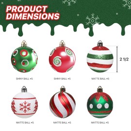 MoNiBloom 30ct Large Christmas Ball Ornaments for Xmas Tree Plastic Hanging Decoration, 2.5 Inch Decorative Shatterproof Bauble Glitter Decor Set for Indoor Home Holiday Party, 6 Styles, Green and Red